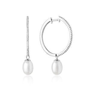 Cercei rotunzi argint cu perle naturale albe si pietre DiAmanti SK20218EL_W-G (Argint 925‰ 3,7 g.)